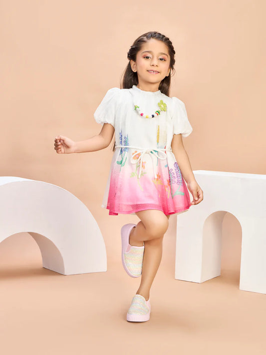 Girls Design Net Dress with Belt & Neckpiece