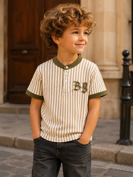 Boys Beige Striped Regular Fit T-Shirt