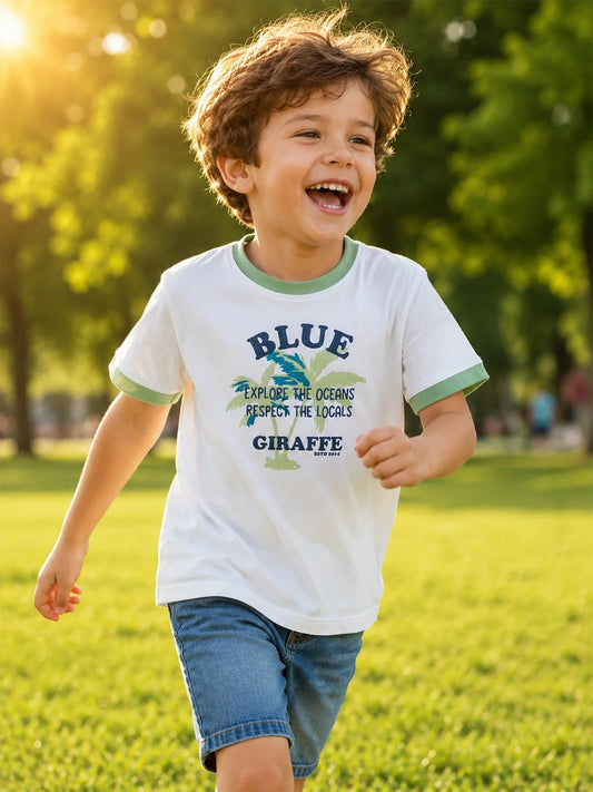 Blue Giraffe Boys White Printed Boxy Fit Pure Cotton T-Shirt